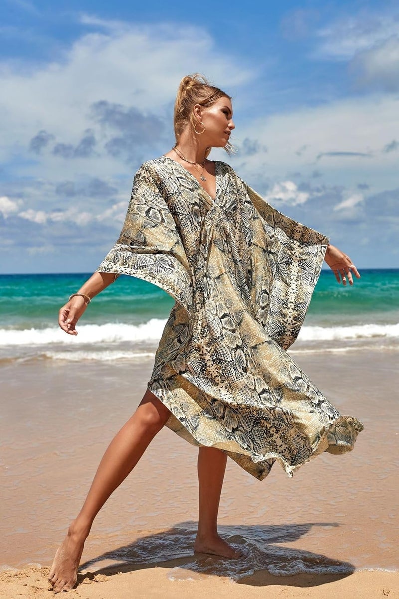 IMAGEKOPE Women's Plus Size Animal Print V-Neck Batwing Kaftan Beach Dress Bathing Suit Cover-Up Loungewear - Image 5